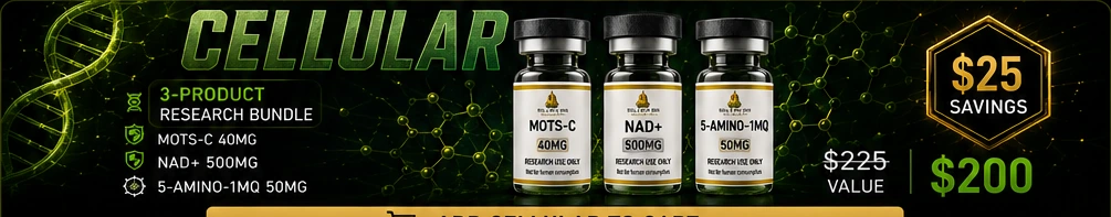 CELLULAR bundle: MOTS-C 40mg, NAD+ 500mg, and 5-Amino-1MQ 50mg. $225 value, $200 bundle, save $25.