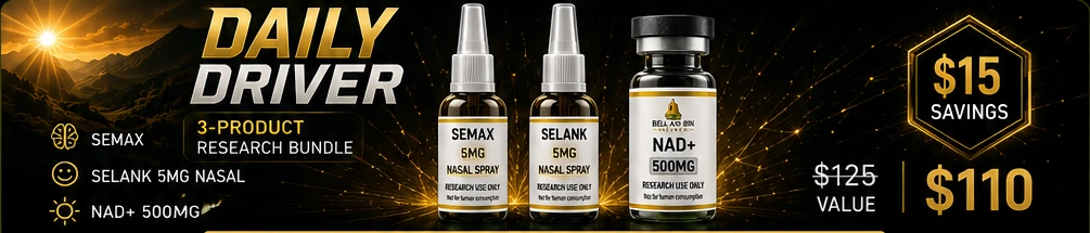 DAILY DRIVER bundle: Semax 5mg nasal, Selank 5mg nasal, and NAD+ 500mg. $125 value, $110 bundle, save $15.