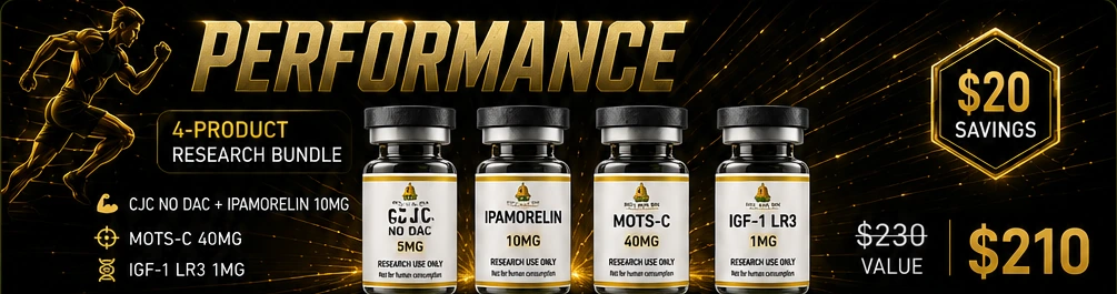 PERFORMANCE bundle: CJC No DAC plus Ipamorelin 10mg, MOTS-C 40mg, and IGF-1 LR3 1mg. $230 value, $210 bundle, save $20.
