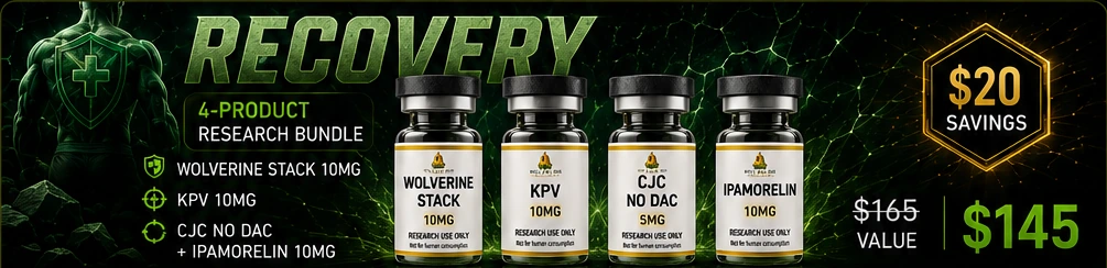 RECOVERY bundle: Wolverine Stack 10mg, KPV 10mg, and CJC No DAC plus Ipamorelin 10mg. $165 value, $145 bundle, save $20.