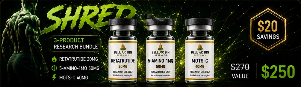 SHRED bundle: Retatrutide 20mg, 5-Amino-1MQ 50mg, and MOTS-C 40mg. $270 value, $250 bundle, save $20.